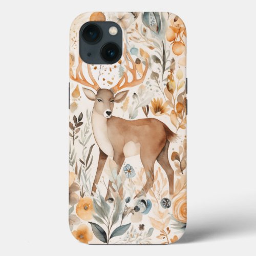 Pastel Floral Watercolor  Deer Boho iPhone 13 Case