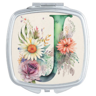 Pastel Floral Watercolor Monogram Flowers Daisy Compact Mirror