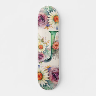 Pastel Floral Watercolor Monogram J Flowers Daisy Skateboard