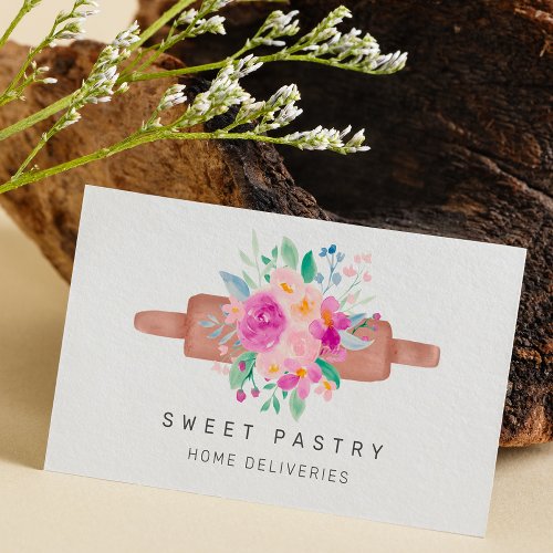Pastel floral watercolor pastry bakery rolling pin business card