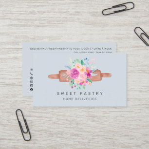 Pastel floral watercolor pastry bakery rolling pin business card