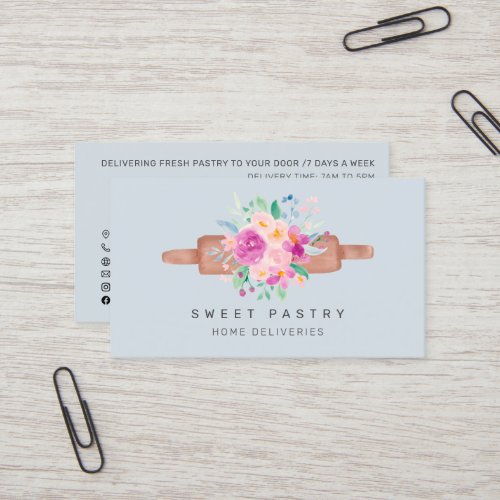Pastel floral watercolor pastry bakery rolling pin business card