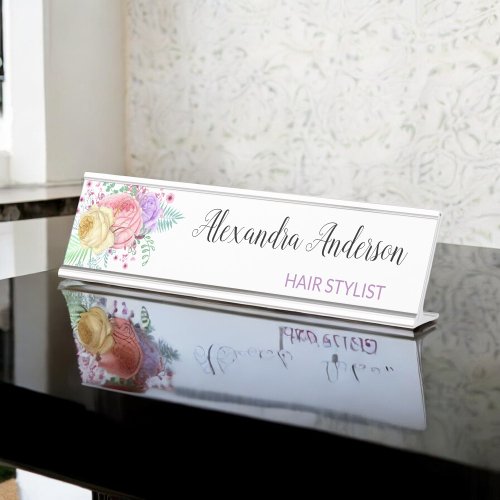Pastel Floral Watercolor Pink Purple Yellow Desk Name Plate