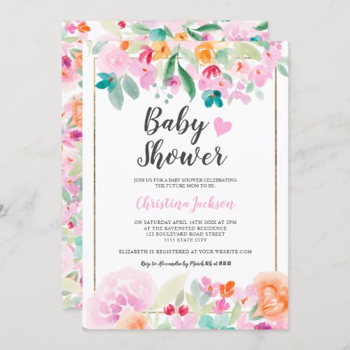 Pastel floral watercolor summer gold baby shower invitation