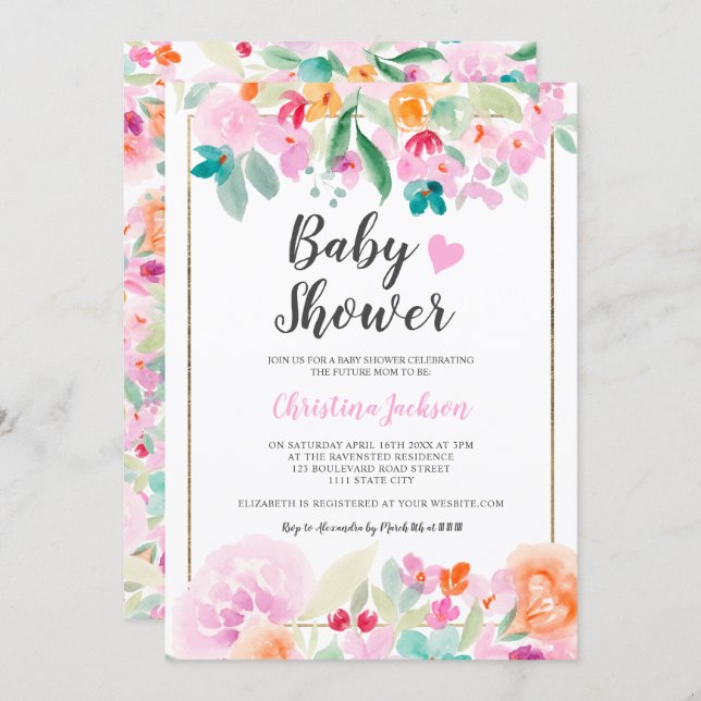 Pastel floral watercolor summer gold baby shower invitation (Front/Back)