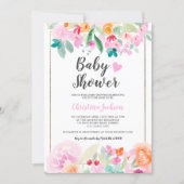 Pastel floral watercolor summer gold baby shower invitation (Front)