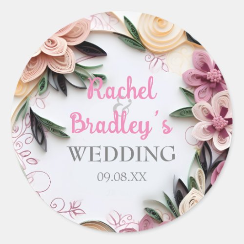 Pastel Floral Wedding Circle Frame Paper Quilling Classic Round Sticker