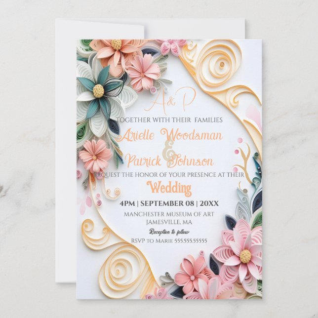 Pastel Floral Wedding Customize Paper Quill Frame  Invitation (Front)