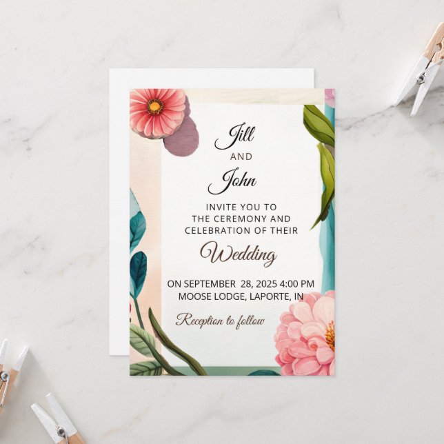 Pastel Floral Wedding Invitation Pink Teal Botanic (Front/Back In Situ)