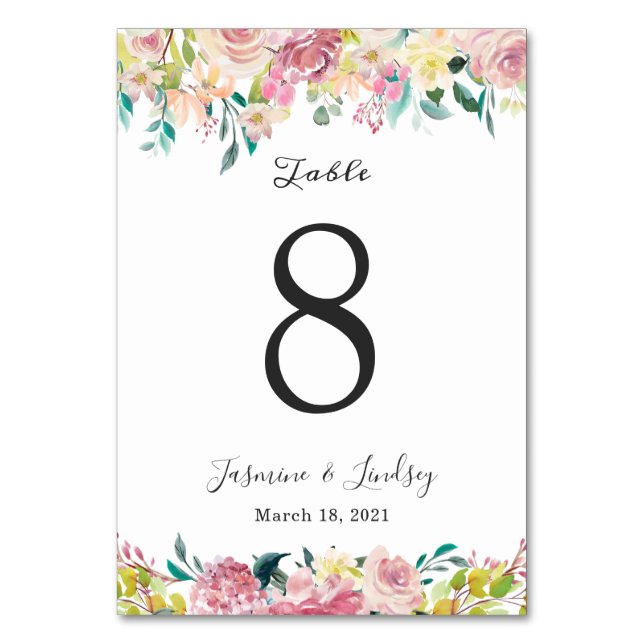 Pastel Floral Wedding Table Number Card (Front)
