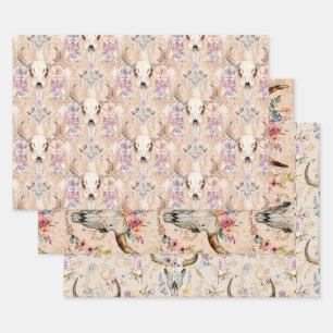 Pastel Floral Western Cow Skull Wrapping Paper Sheets