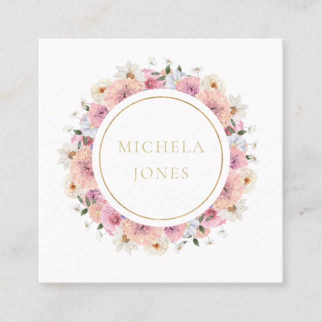 Pastel Floral Womens Elegant Designer Circle Square Business Card (Front)