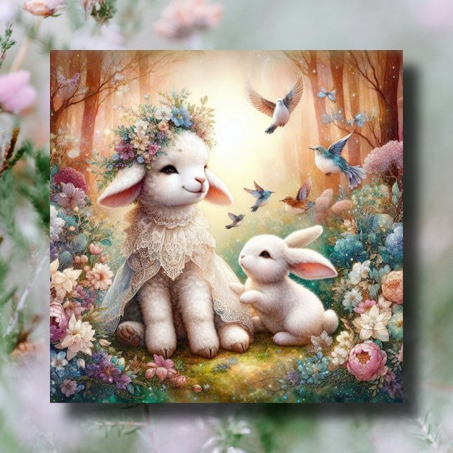 Pastel Floral Woodland Bunny Lamb Christian Easter Holiday Card (Creator Uploaded)