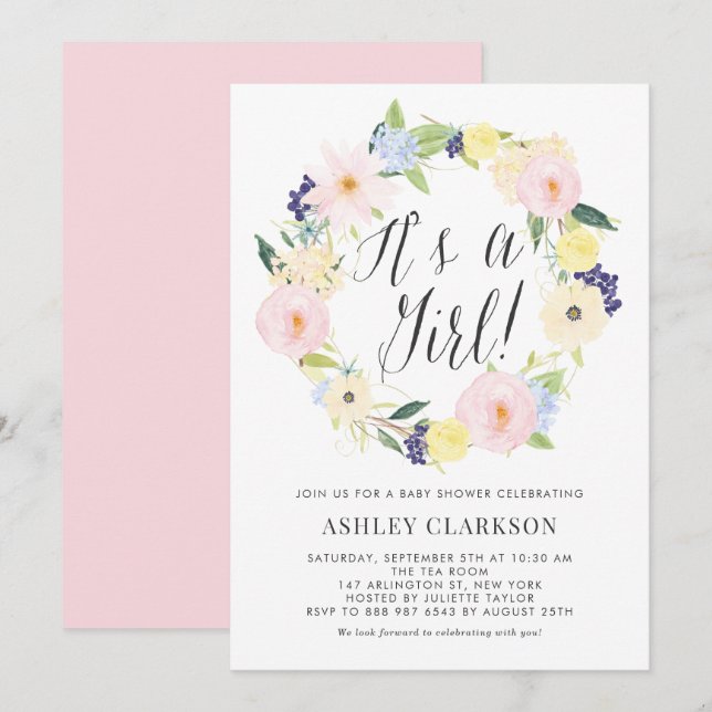 Pastel Floral Wreath Baby Shower Invitation (Front/Back)