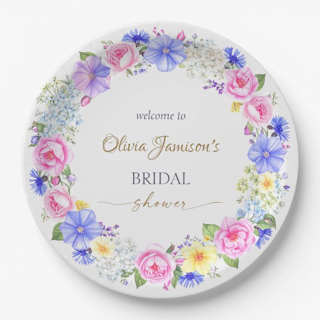  Pastel Floral Wreath Bridal Shower Collection Paper Plates (Front)
