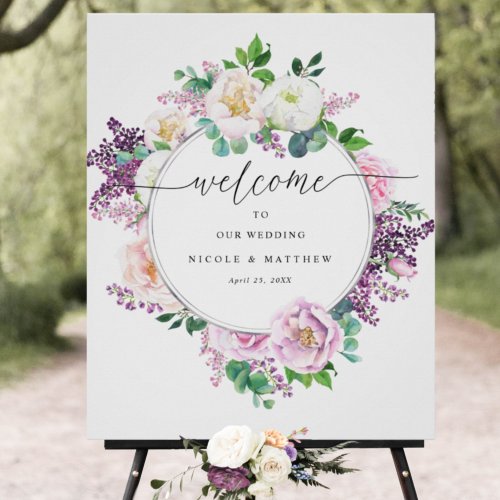 Pastel Floral Wreath Elegant Welcome Wedding Sign 