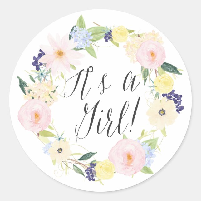 Pastel Floral Wreath It's a Girl Baby Shower Stamp Classic Round Sticker (Front)