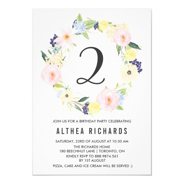 Pastel Floral Wreath Kids Birthday Party Spring Invitation