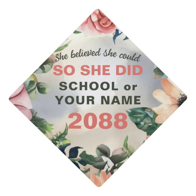 Pastel Floral Wreath Pink Rose Yellow Daisy Flower Graduation Cap Topper (Front)