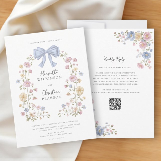 Pastel Floral Wreath QR Code Wedding Website  Invitation (Creator Uploaded)