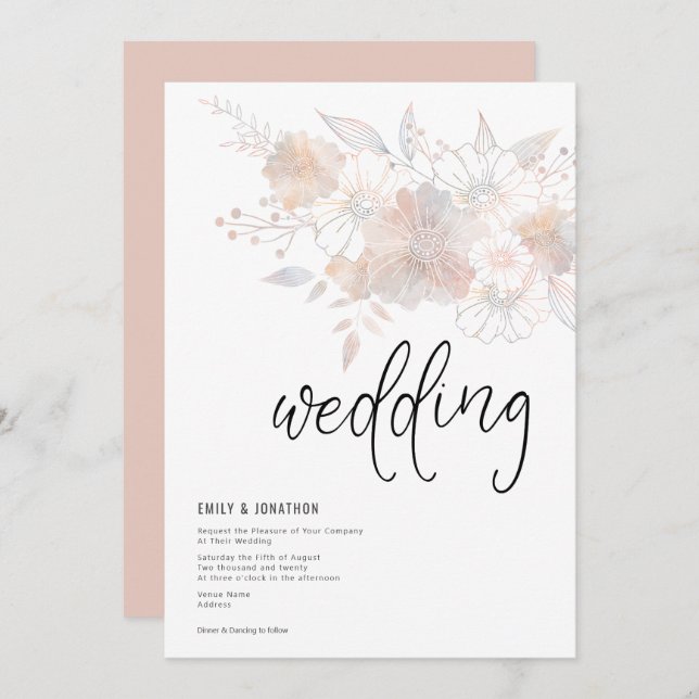 Pastel Florals Blush Peach Gray Wedding Invitation (Front/Back)