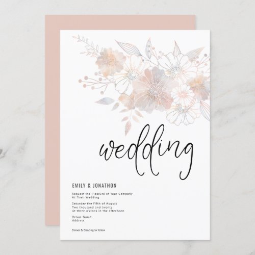 Pastel Florals Blush Peach Gray Wedding Invitation