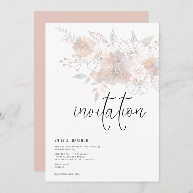 Pastel Florals Blush Peach Gray Wedding Invitation (Front/Back)