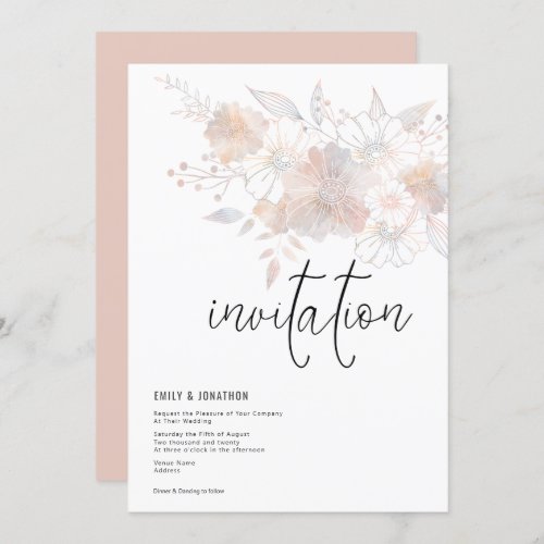 Pastel Florals Blush Peach Gray Wedding Invitation