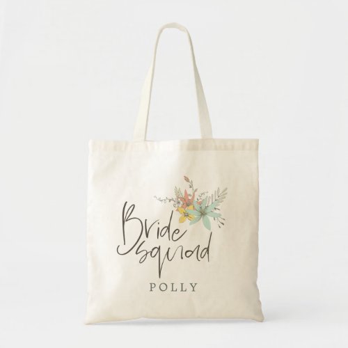 Pastel Florals Bride Squad Trendy Typography Name Tote Bag
