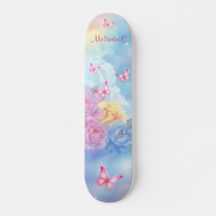 Pastel Florals & Pink Butterflies Rainbow Clouds Skateboard