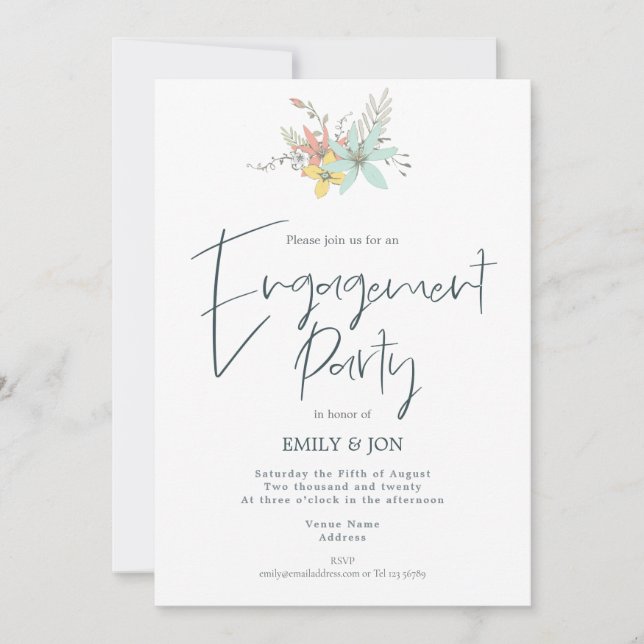 Pastel Florals Stylish Script Engagement Party Invitation (Front)