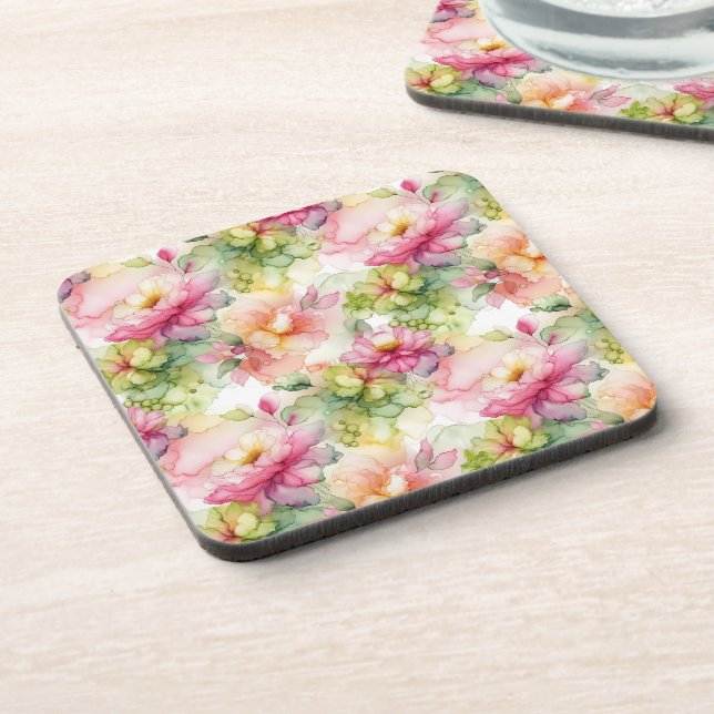 Pastel Flower Alcohol Ink Illustration  Beverage Coaster (Left Side)