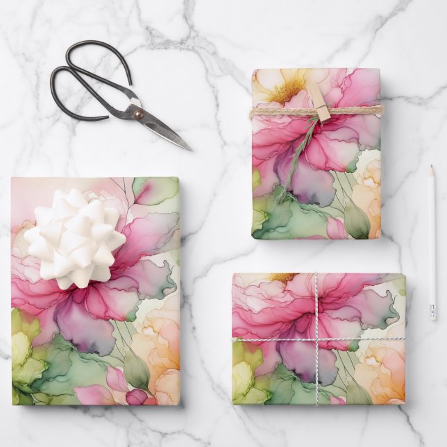 Pastel Flower Alcohol Ink Illustration Large Print Wrapping Paper Sheets (Front)