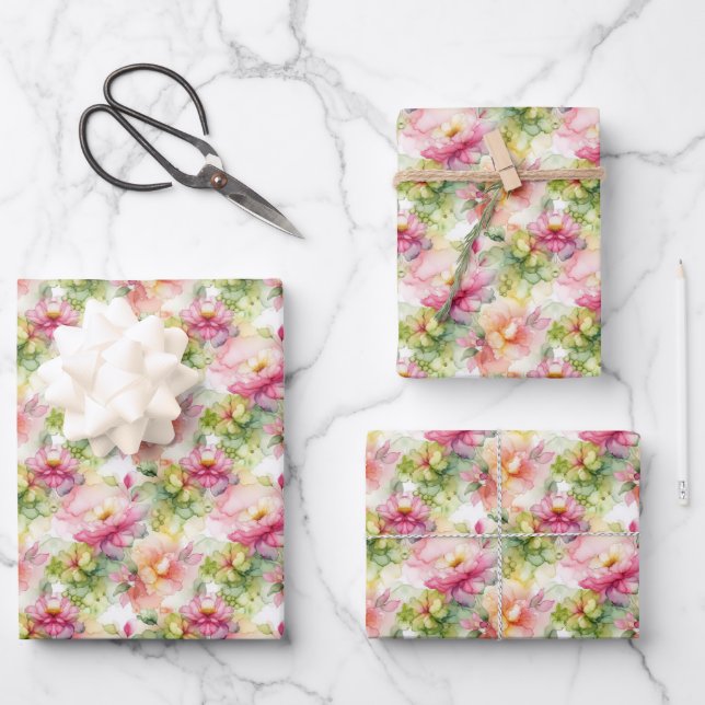 Pastel Flower Alcohol Ink Illustration Small Print Wrapping Paper Sheets (Front)