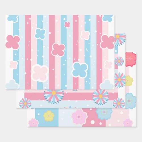 Pastel Flower Blossom Stripes Sakura Theme Wrapping Paper Sheets