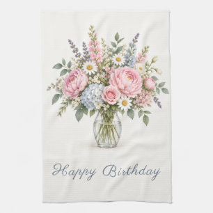 Pastel Flower Bouquet Happy Birthday Kitchen Towel