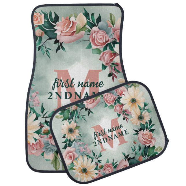 Pastel Flower Elegance: Sage Green Floral Custom Car Floor Mat (Set)