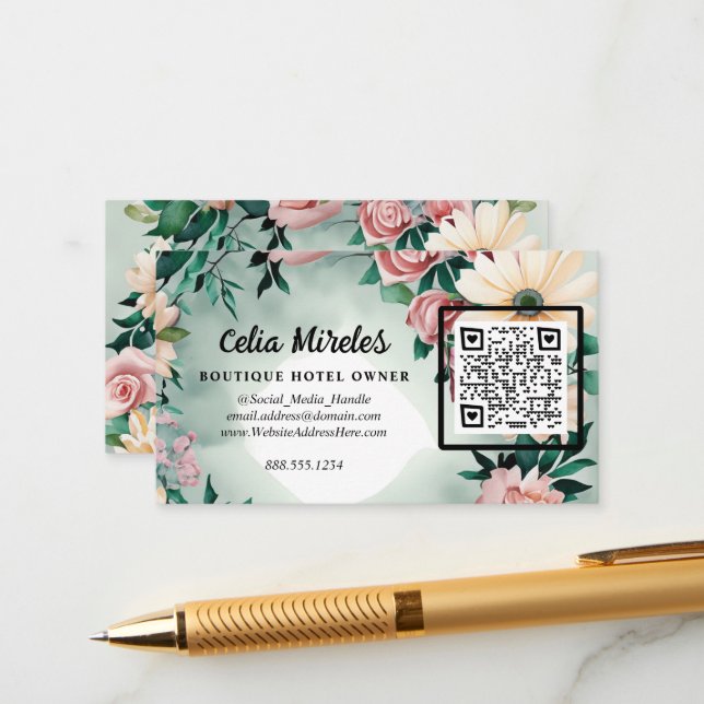 Pastel Flower Elegance Sage Green Floral Pink Rose Enclosure Card (Front/Back In Situ)