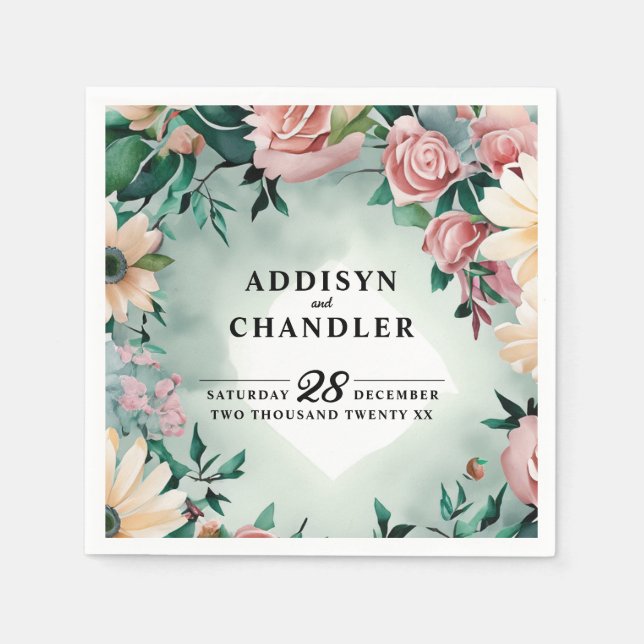 Pastel Flower Elegance: Sage Green Floral Wedding Napkins (Front)