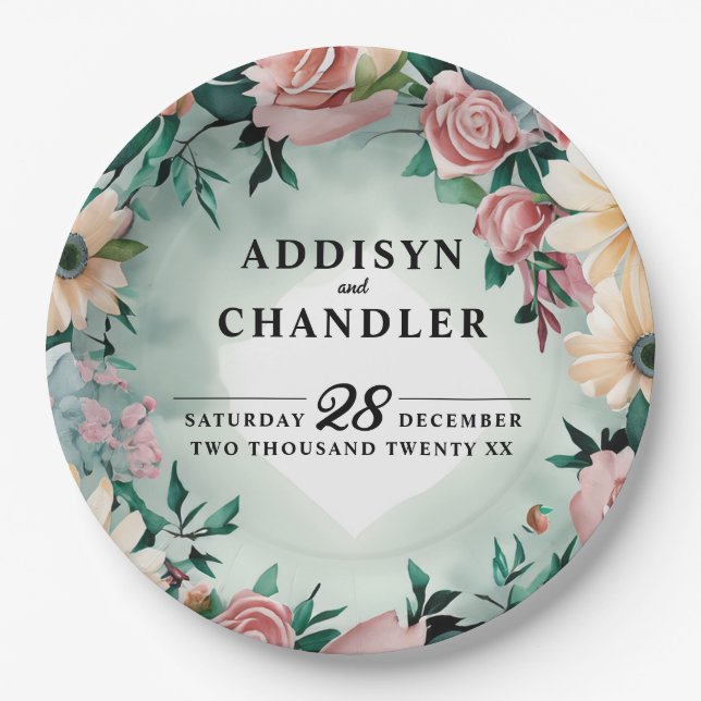 Pastel Flower Elegance: Sage Green Floral Wedding Paper Plates (Front)