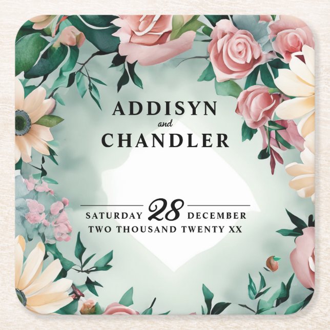Pastel Flower Elegance: Sage Green Floral Wedding Square Paper Coaster (Front)