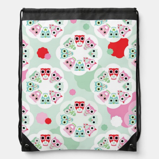 pastel flower owl background pattern drawstring bag (Front)