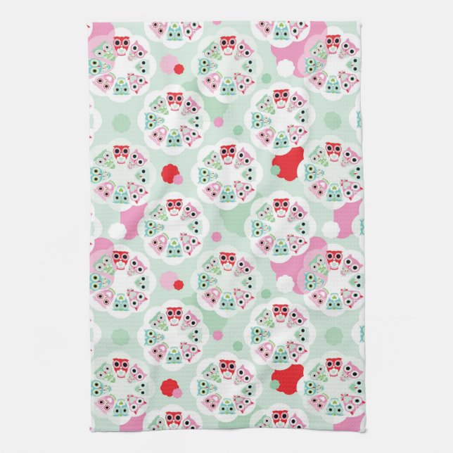 pastel flower owl background pattern kitchen towel (Vertical)