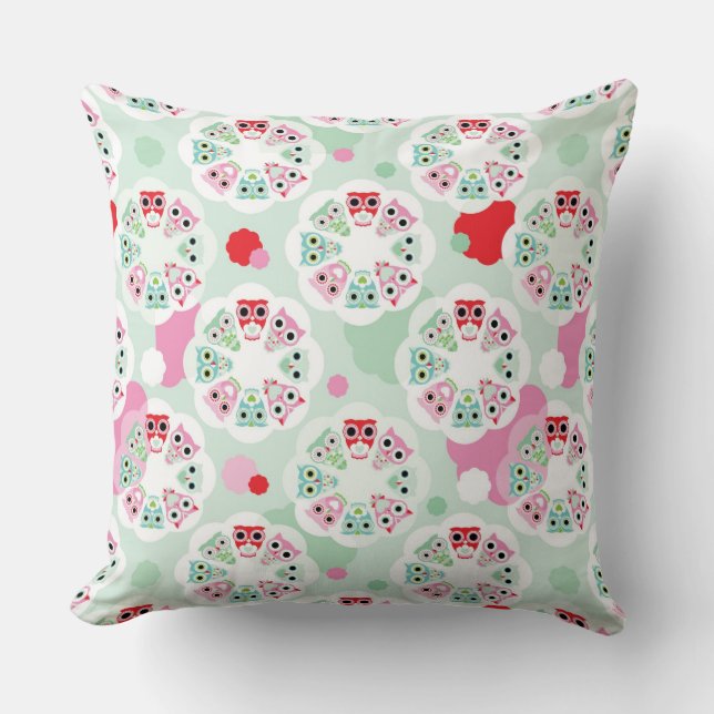 pastel flower owl background pattern throw pillow (Front)
