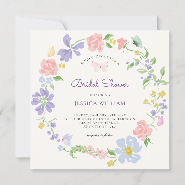 Pastel flower wreath butterflies bridal shower invitation (Front)