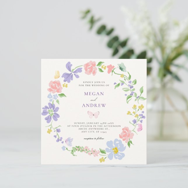 Pastel flower wreath with butterflies wedding invitation (Standing Front)