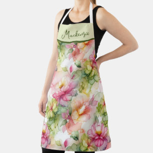 Pastel Flowers Alcohol Ink Illustration Green Apron
