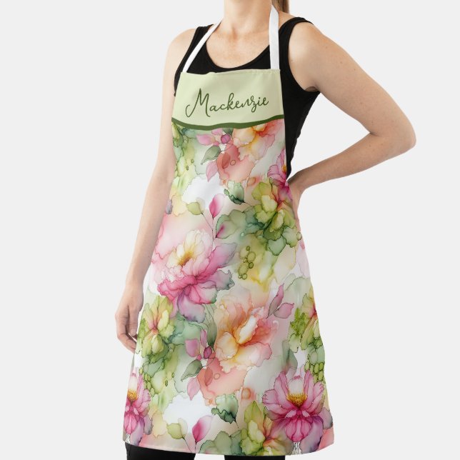 Pastel Flowers Alcohol Ink Illustration Green Apron (Insitu)