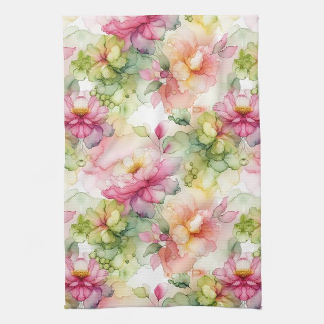 Pastel Flowers Alcohol Ink Illustration  Kitchen Towel (Vertical)