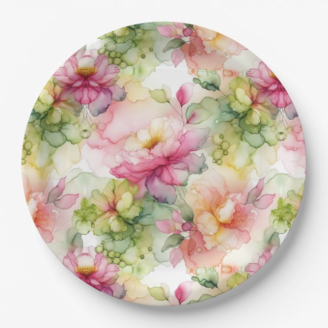 Pastel Flowers Alcohol Ink Illustration  Paper Plates (Front)